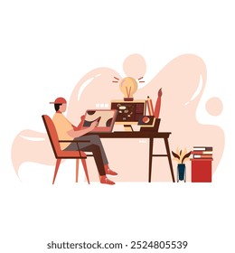 Computer graphics designer work on desk in office concept. Vector flat illustration.