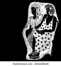 Computer graphics. Two girls draw, one in a dress, a floral ornament. Stylish image, original style. graphics, monochrome Lines, wavy hair, curls, stars, decorations, stripes and line art 