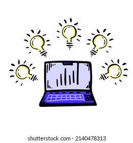 Computer With A Grapth And Light Bulbs Vector Illustration. Business Ideas, Team Work Icons. Data Science Sketch Element. Computer Security Hand Drawn Illustration	