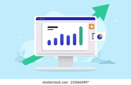 Computer with green arrow - Desktop PC with diagram chart showing positive results and growth. Semi flat vector design illustration