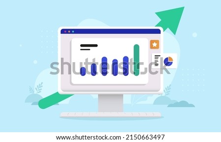 Computer with green arrow - Desktop PC with diagram chart showing positive results and growth. Semi flat vector design illustration