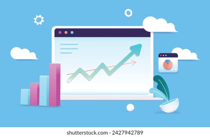 Computer with green arrow pointing up - Laptop with rising chart showing growth and rising trend, 3d style vector illustration with blue background