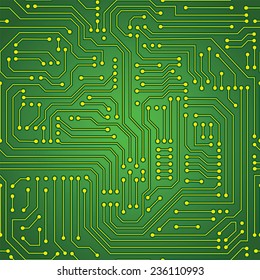 Computer green circuit board seamless pattern. Vector.