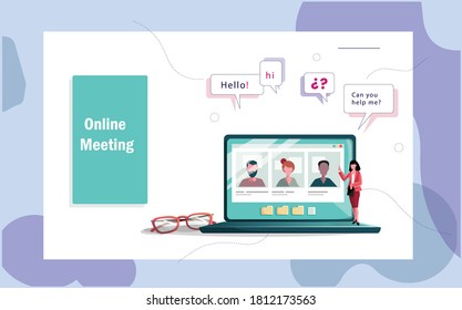 Computer with group of colleagues taking part in video conference. Software for videoconferencing and online communication. Virtual work meeting. Modern vector illustration in flat style.