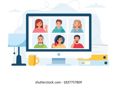 Computer with group of people doing group call. Online meeting via video conference. Vector illustration in flat style