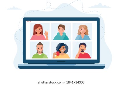 Computer with group of people doing group call. Online meeting via video conference. Vector illustration in flat style