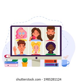 Computer with group of people doing group call. Online meeting via video conference. Vector illustration in flat style.  People on computer screen taking with colleague or team members. 
