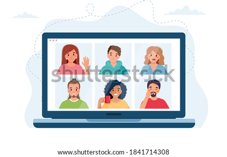 Computer with group of people doing group call. Online meeting via video conference. Vector illustration in flat style