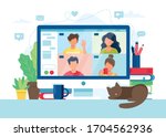 Computer with group of people doing video conference. Online meeting via group call. Vector illustration in flat style