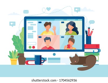 Computer With Group Of People Doing Video Conference. Online Meeting Via Group Call. Vector Illustration In Flat Style