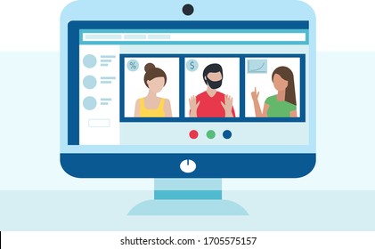 Computer with group of people doing video conference. Man and two woman. Online meeting via group call. remote work because of coronavirus. Vector illustration in flat style