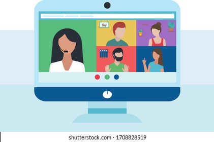 Computer with group of people doing video conference with microphone. conversation. Men and women. Online meeting via group call. remote work because of coronavirus. Vector illustration in flat style