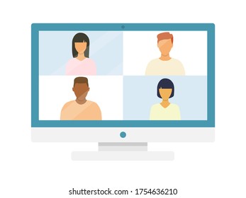 Computer mit einer Gruppe von Leuten, die Videokonferenz. Online-Treffen mit multikulturellen Freunden. Vektorgrafik einzeln auf Weiß.