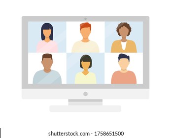 Computer with group of people taking  in video conference. Online meeting with multicultural friends. Vector illustration isolated on white.