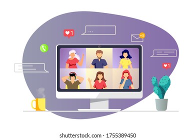 Computer mit einer Gruppe von Leuten, die über das Internet sprechen. Videokonferenzen, Online-Treffen, Heimarbeit, Fernunterricht, Kommunikation. Vektorgrafik für Poster, Banner, Präsentation, Flyer.