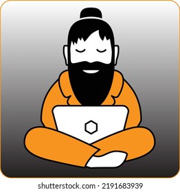 Un gurú de la informática con traje de naranja y barba está sentado en una pose de yoga. Logotipo, mascota o icono en estilo plano.