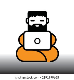A computer guru in an orange suit with a beard is sitting in a yoga pose. Logo, mascot or icon in flat style.