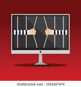 Computer hack destroys password cage, Vector illustration in flat style