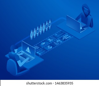 A computer hacked by a hacker, stealing user data, guessing a password, picking up a key, the process of copying documents and classified information. Isometric vector.