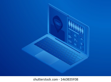 A computer hacked by a hacker, stealing user data, guessing a password, picking up a key, the process of copying documents and classified information. Isometric vector.