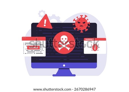 Computer Hacked by Malware and Virus Illustration. Vector Flat Illustration