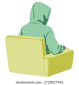 Vista posterior del hacker de la computadora usando la Ilustración vectorial aislada portátil sobre fondo blanco