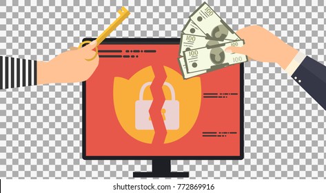 Computer hacker breaks into computer and extorts money from the pc user on transparent background. Cyber attack warning message on the screen. Vector illustration