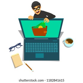 Computer hacker character stealing money online. Internet personal access for finances. Vector illustration of a flat design.