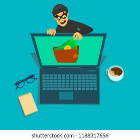Computer hacker character stealing money online. Internet personal access for finances. Vector illustration of a flat design.
