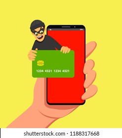 Computer hacker character stealing money online. Vector illustration in flat style.