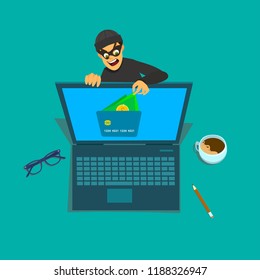 Computer hacker character stealing money online. Internet personal access for finances. Vector illustration of a flat design.