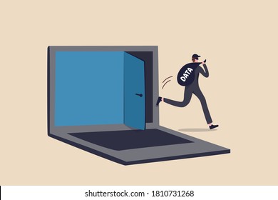 Computer hacker, cyber security, online ransomware or malware to steal personal data from computer, criminal man thief holding bag with the word DATA running away from secret door on laptop computer.