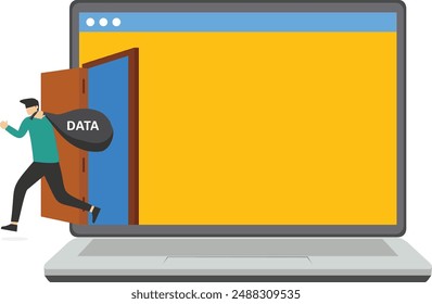 Pirata informático, seguridad cibernética, ransomware en línea o malware para robar datos personales de la computadora, hombre criminal ladrón bolsa con la palabra DATA corriendo de la puerta secreta en la computadora portátil.
