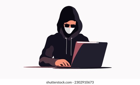 Computer Hacker in Hood Flat Cartoon Hacking, Ransomware via Notebook in Vector Style