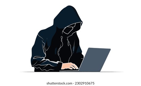 Computer Hacker in Hood Flat Cartoon Hacking, Ransomware via Notebook in Vector Style