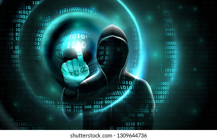 Computer hacker with a hood touches the touch screen binary code. Light waves on abstract binary software dark background hacker silhouette. Hacking computer system, database, data theft, vector