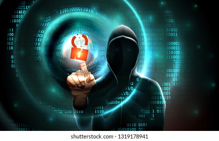 Computer hacker hood touches touchscreen with hacked lock symbol and binary code. Waves on abstract binary background hacker silhouette. Hacking computer system, database server, data theft, vector