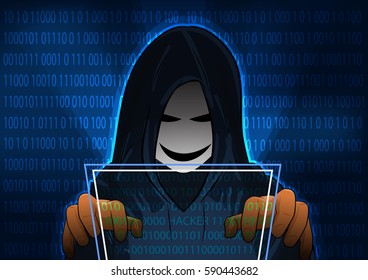 computer hacker of hooded man with binary data