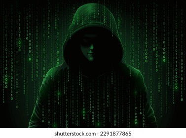 Computer hacker in hoodie. Obscured dark face. Data theft, internet fraud, darknet and cyber security concept. Hacker on screen background with binary code