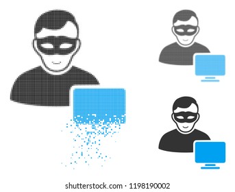 Computer hacker icon with face in dissipated, dotted halftone and undamaged whole variants. Pixels are organized into vector dissipated computer hacker pictogram.