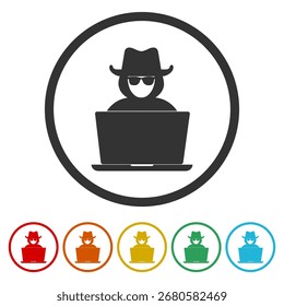 Hacker de computadora con icono negro portátil. Establecer íconos en Botones de círculo de color