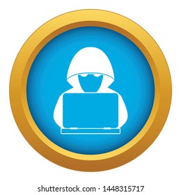 Computer hacker with laptop icon blue vector isolated on white background for any design