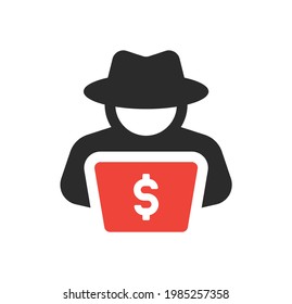 Computer hacker with laptop icon. Fraud, crime, steal money.