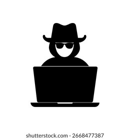 Computer hacker with laptop icon isolated on white background