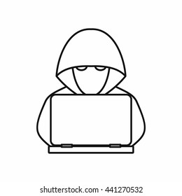 Computer Hacker With Laptop Icon In Outline Style Isolated On White Background