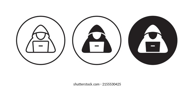 Computer hacker with laptop icon, Spy agent searching sign, symbol, logo, illustration, editable stroke, flat design style isolated on white