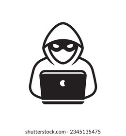 Computer hacker with laptop icon, Spy agent isolated on white.