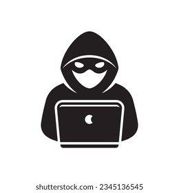 Computer hacker with laptop icon, Spy agent isolated on white.