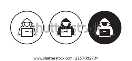 Computer hacker with laptop icon, Spy agent searching sign, symbol, logo, illustration, editable stroke, flat design style isolated on white