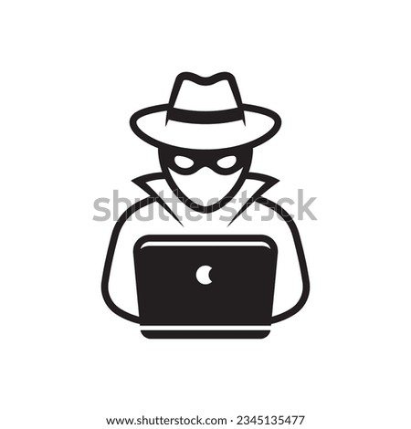 Computer hacker with laptop icon, Spy agent isolated on white.